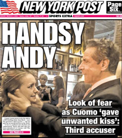 Anna Ruch and Andrew Cuomo on front page of NY Post under headline "Handsy Andy"