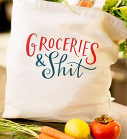 "Groceries and shit" bag loaded with produce