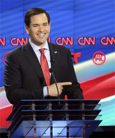 Marco Rubio pointing at Donald Trump