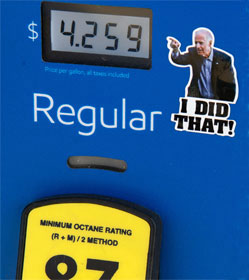 Joe Biden "I did that!" sticker on a gas pump