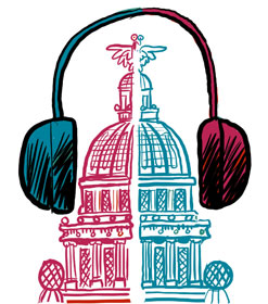 Capitol wearing headphones illustration