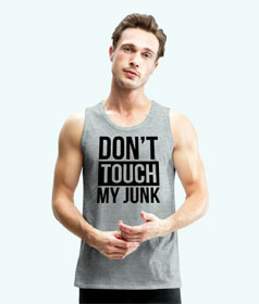 Man wearing "Don't touch my junk" t-shirt