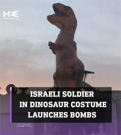 Israeli soldier in dinosaur costume launches bombs into Gaza