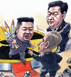 Kim Jong Un, Vladimir Putin and Xi Jinping in illustration by Ingram Pinn in the Financial Times