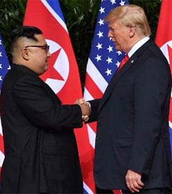 Kim Jong Un shaking hands with Donald Trump