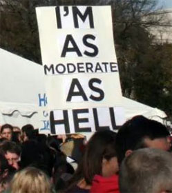 Protest sign, "I'm as moderate as hell"
