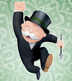 Monopoly man surrounded by cash