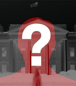 Question mark superimposed on a silhouette of a man in front of the White House