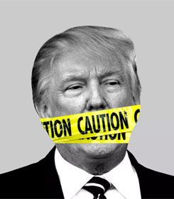 Donald Trump with mouth covered by caution tape