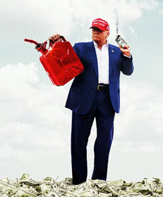 Donald Trump holding a can of gasoline
