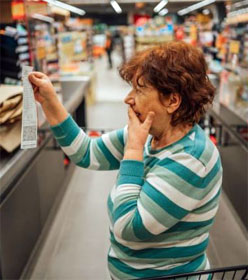 Woman aghast at grocery receipt